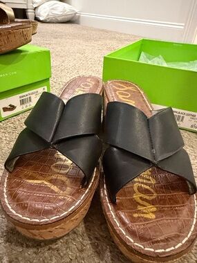 Sam Edelman Black Leather Crossband Cork Platform Slides